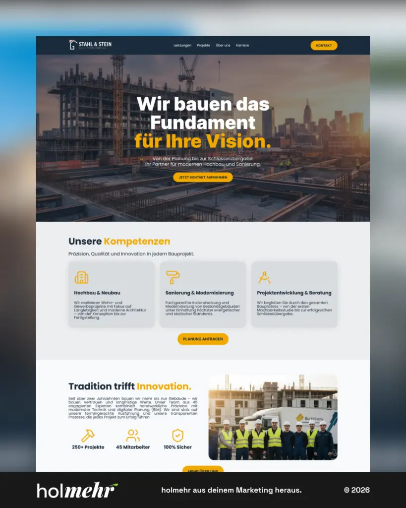 Webdesign Referenz holmehr — Stahl und Stein, Handwerk-Website