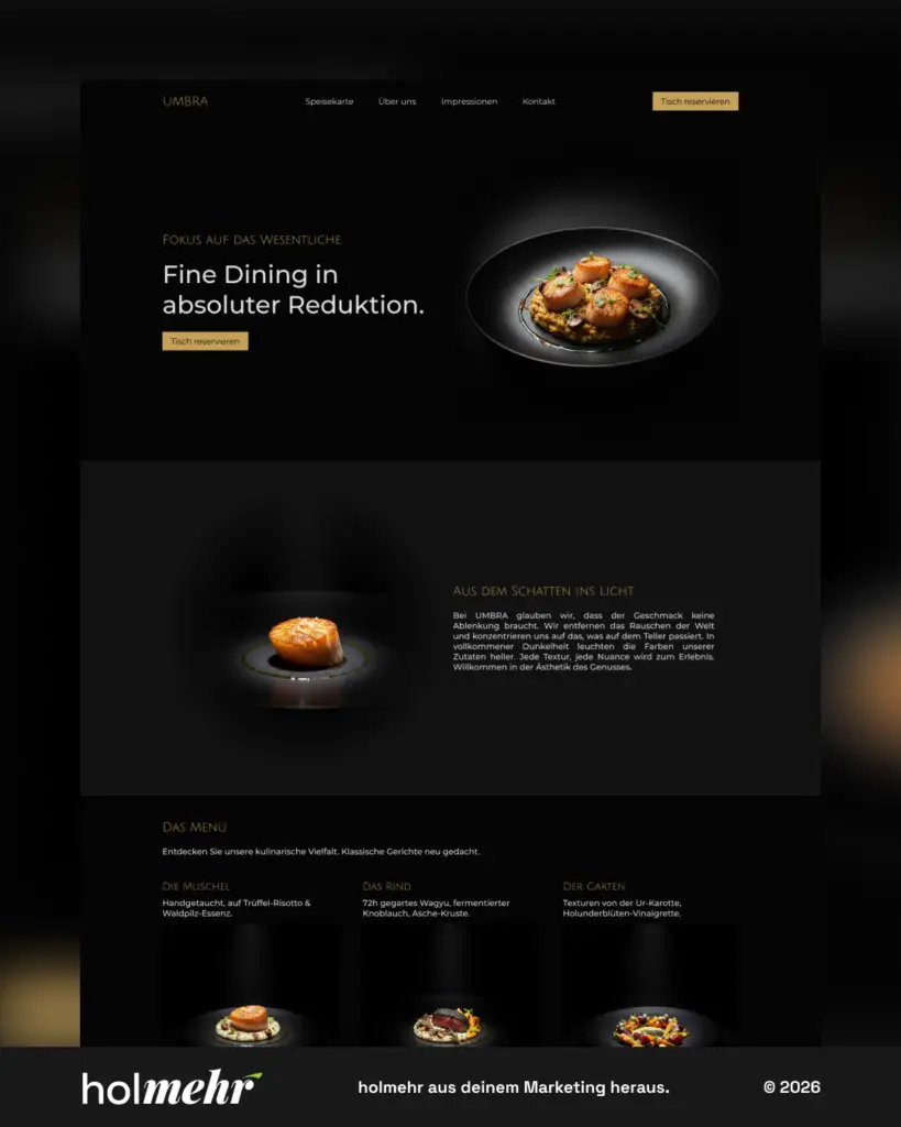 Webdesign Referenz holmehr — Umbra, dunkles Resturant-Design