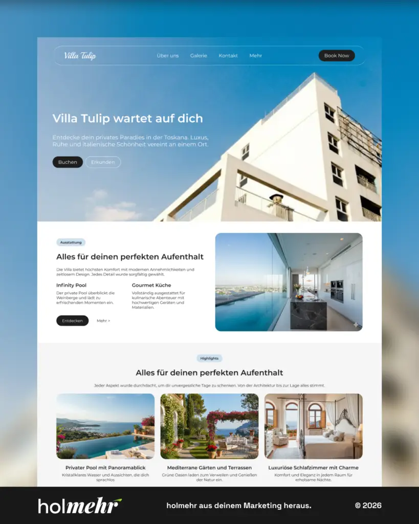 Webdesign Referenz holmehr — Tulip Villa, professionelle Immobilien-Website
